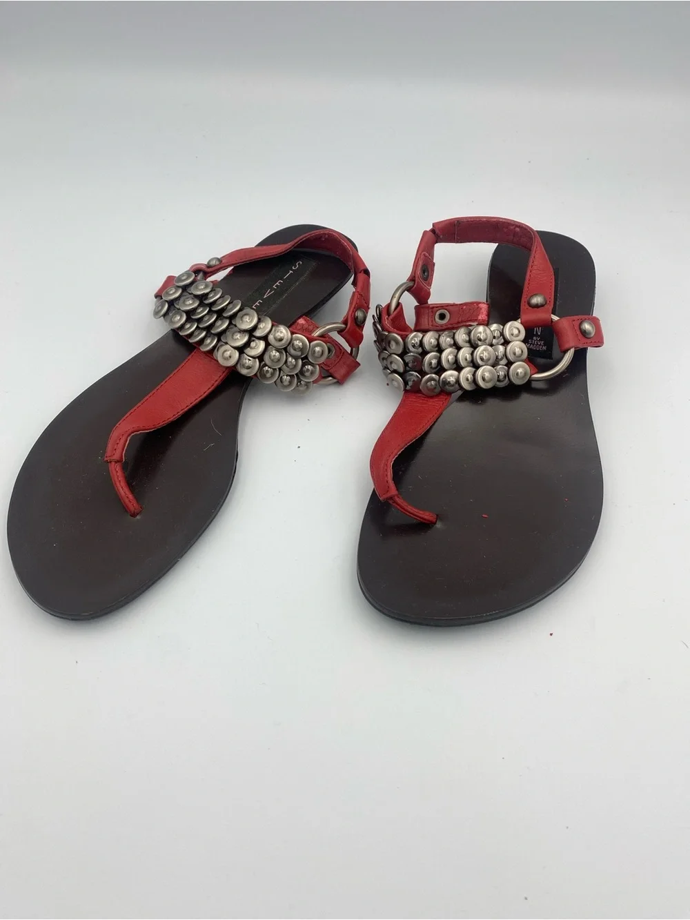 Steve Madden Red Studded T-Strap Sandals for Women
